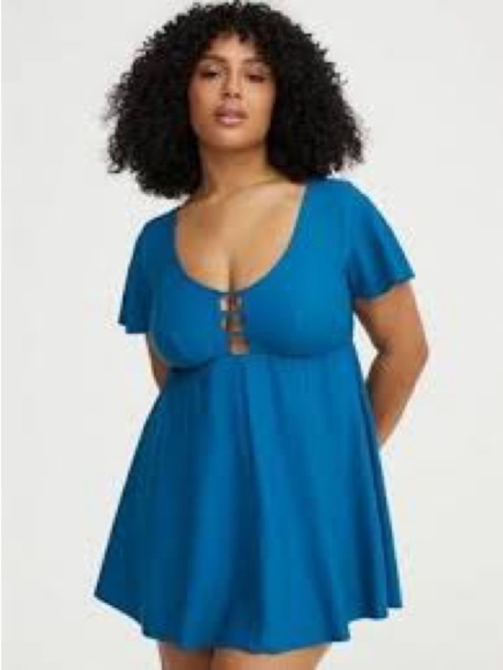 NWT TORRID Cosmo Blue Keyhole Wire Free Swim Dress with Flutter Sleeves